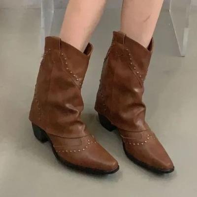 2024 Wasteland Style Vintage Trouser Stealth Boot Western Boot Black Knee High Boots Women Brown Maillard Rivets Punk Winter Shoes