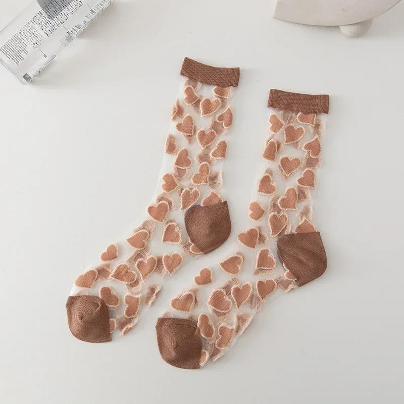 Летние женские носки в японском стиле, милые носки из хрустального стекла и шелка с принтом сердечек, ультратонкие прозрачные носки для девочек, кавайные милые длинные носки