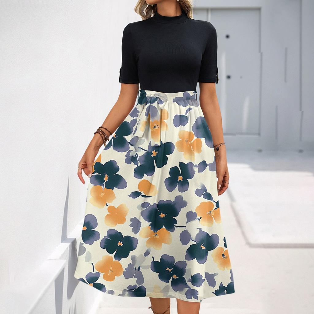 Женское модное повседневное платье с коротким рукавом и круглым вырезом с цветочным принтом и элегантным темпераментом