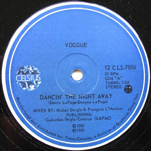 12-дюймовая пластинка VOGGUE - Dancin' The Night Away / Roller Boo 12CLS7004 Celsius 1981 Канада Танцевальная и электронная музыка Б/у