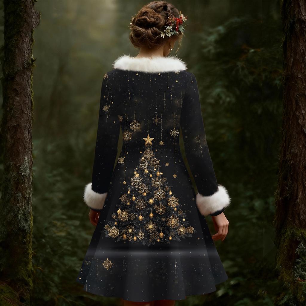 Женское повседневное платье с V-образным вырезом, рождественским принтом, плюшевыми длинными рукавами