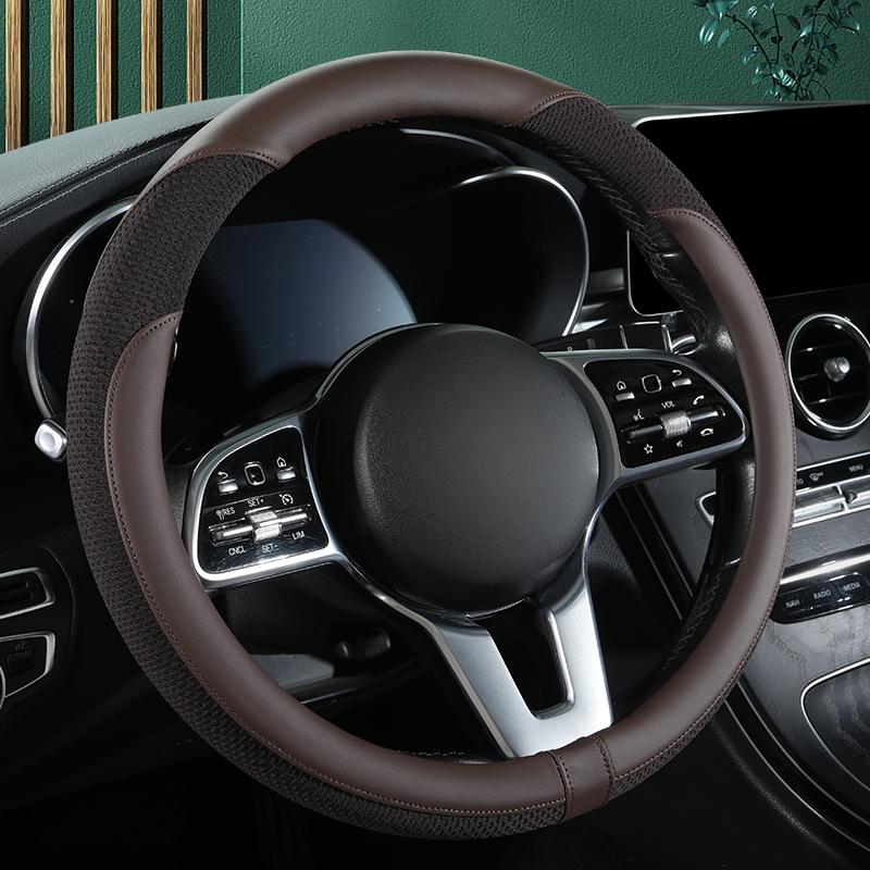 Премиальная кожаная оплетка на руль, прошитая дышащей сетчатой тканью, подходит для 14,5-15 дюймов, всесезонная, универсальная