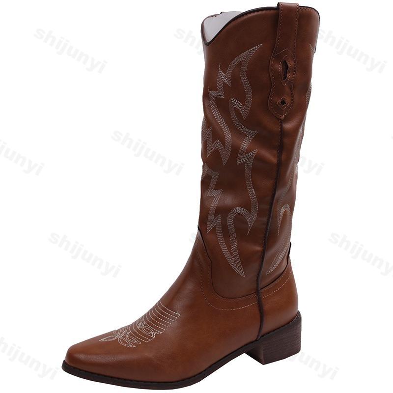 Модные женские сапоги 2025 Осень Новые Вышитые Сапоги в стиле вестерн Ковбойские Сапоги Острый носок Толстый каблук Сапоги до колена Женские Длинные сапоги Высокое качество