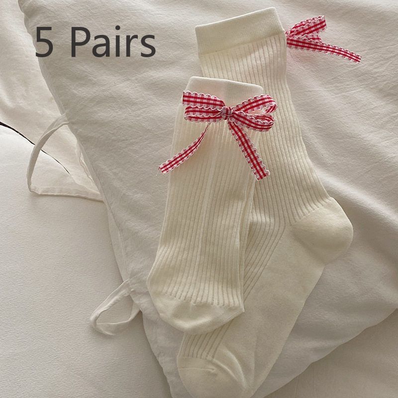 5 Pairs of New Spring and Summer Women's Plaid Bow Mid Calf Stacking Socks