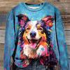PLstar Cosmos 3D Printed Animal Series Cute Color Dog Pattern Print Women's Round Neck Long Sleeve Casual Top New D-6
