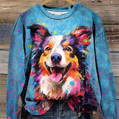 PLstar Cosmos 3D Printed Animal Series Cute Color Dog Pattern Printed Womens Round Gown Long Sleeve Casual Top New D-6