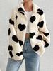 Women Fleece Winter Warm Plush Zipper Jacket Love Printed Casual Coat Loose Long Sleeve Outerwears
