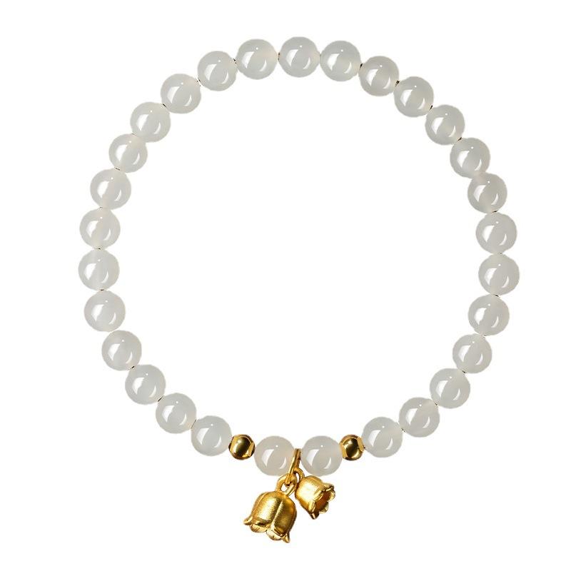 Natural Hetian Jade Bracelet for Women, Sheep Fat Jade with Golden Lily of the Valley Beads, Small Beads, Light Luxury, Niche and Exquisite