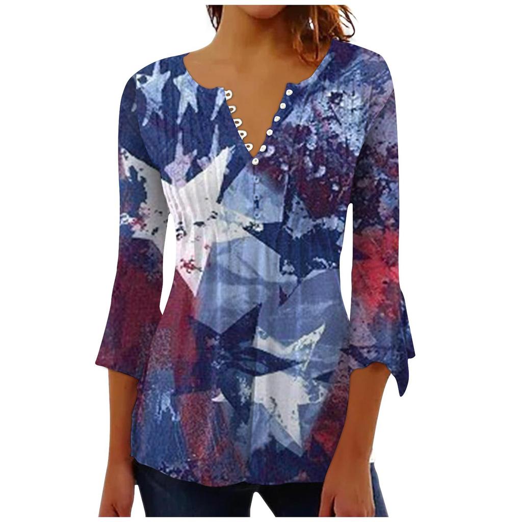 Женский повседневный топ на пуговицах с длинными рукавами и v-образным вырезом в честь Дня независимости