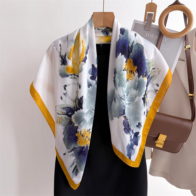 Soft Color Leaf Shadow Simulation Silk Printing Large Square Scarf Silk Scarf 90 Shawl Head Scarf Neck Protection Scarf Decorative Scarf