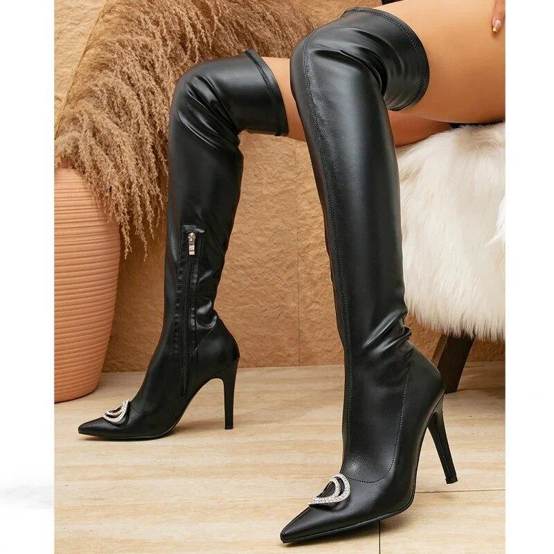 Eilyken Сексуальные сапоги выше колена с острым носком, модные женские зимние длинные ботильоны на тонком высоком каблуке с молнией сбоку
