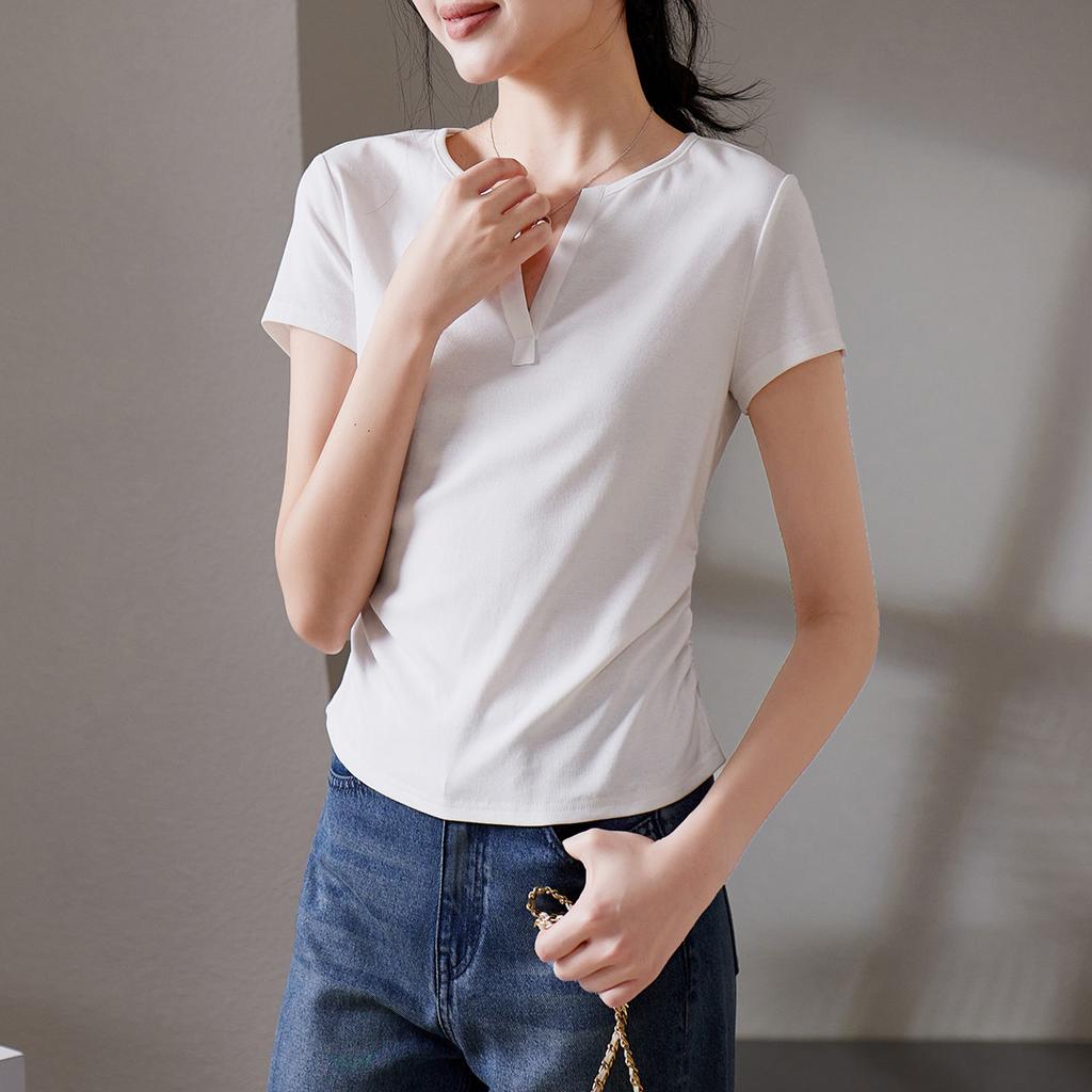 Waist slimming V-neck short sleeved t-shirt for women in summer 2026, fashionable and casual versatile solid color top