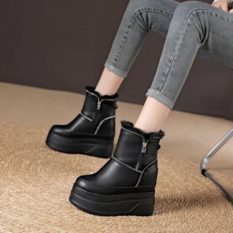 Fashion 12cm Winter Platform Wedge Boots High Heels Plush Moccasins Spring Autumn Women Shoes Booties Genuine Leather Ankle Snow