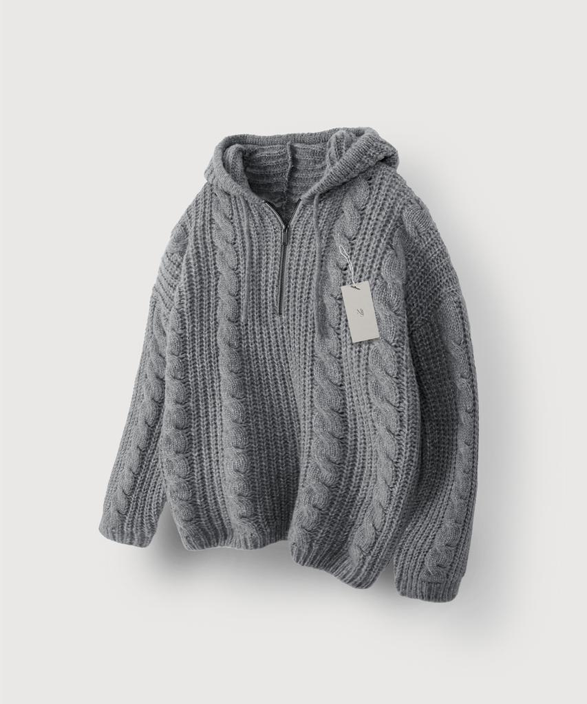 MOOD INSIDE Cable Knit Half-Zip Hoodie_Gray