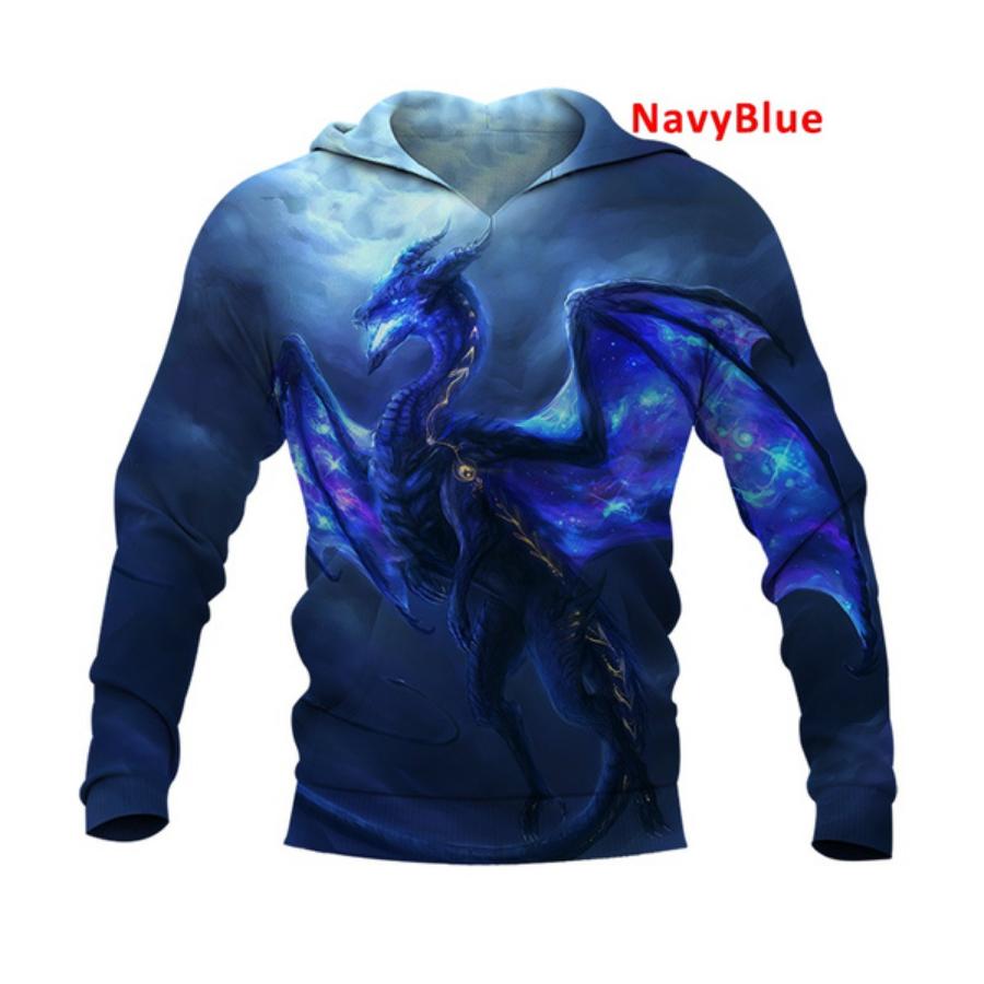 2021 Autumn and Winter Men's Fashion Casual Sweatshirt 3D Printing Dragon Hoodie Fire Dragon Skull Cap Pocket Pullover Sweater XS-5XL