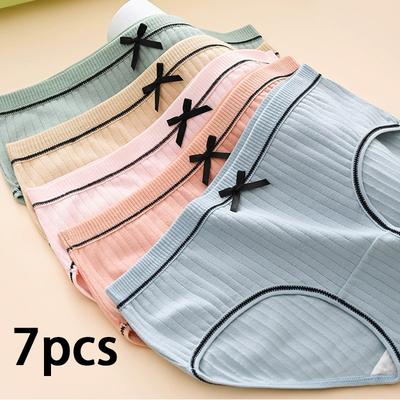 7 шт. Женские однотонные трусики с бантиком, подростковое нижнее белье средней посадки, модные трусики для девочек, дышащие трусики, студенческое комфортное мягкое нижнее белье