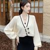 Button Contrast V-neck Sweater Cardigan Women Autumn and Winter Retro Loose Long Sleeve Short Knit Cardigan Sweater Female Top