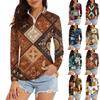 Women's Casual Fashion Retro Floral Print Long Sleeve Zipper Neck Top T-shirt
