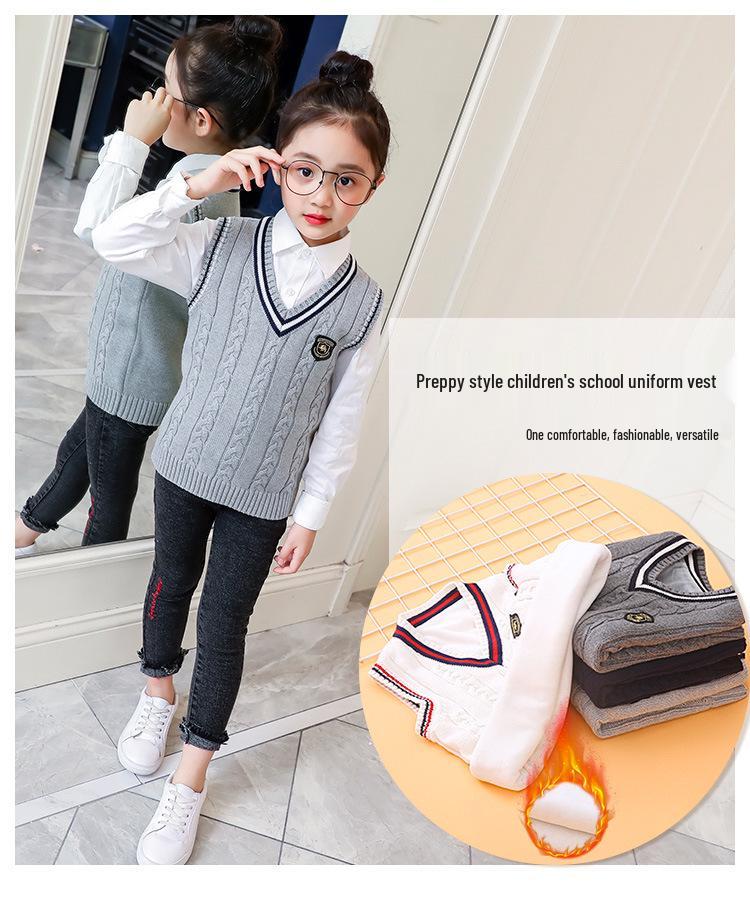 Kids' Preppy Fleece-Lined Vest - Warm School Uniform Sweater for Boys and Girls