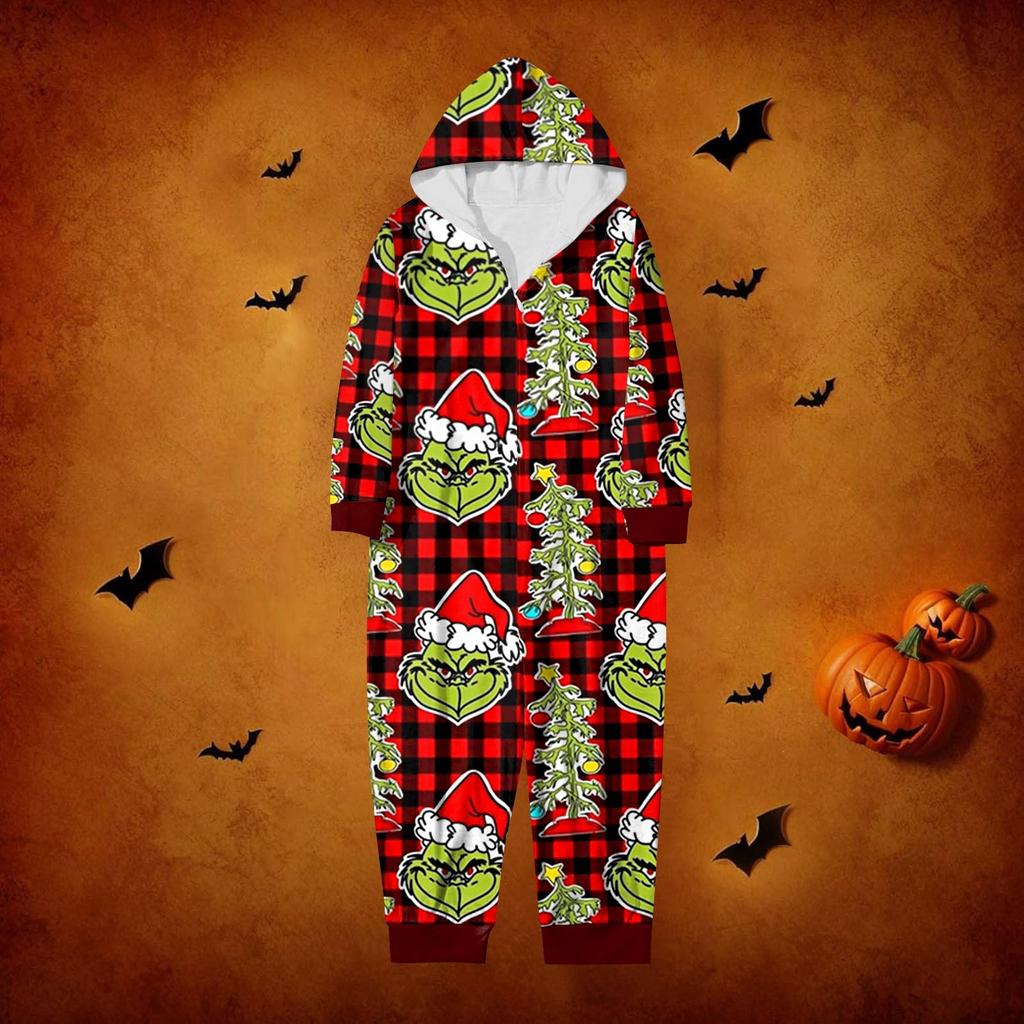 Fashion Printed Family Matching Hooded Long Sleeved Zippered Hooded  Jumpsuit Set