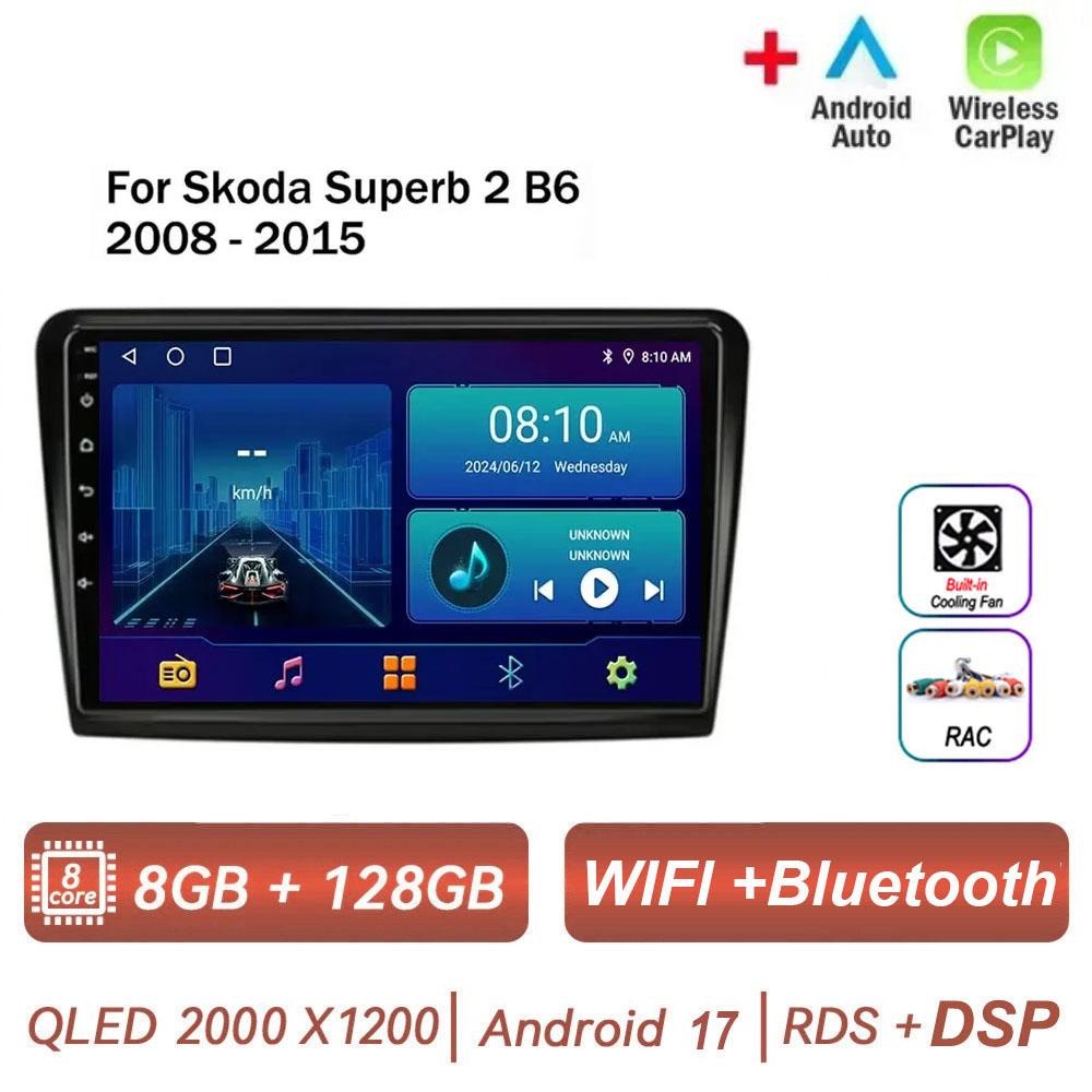 Autoradio Android 17 pour Skoda Superb 2 B6 2008-2015 avec Carplay, Navigation, Lecteur Multimédia, GPS, WiFi+4G, Vidéo, BT, Unité Centrale 2 DIN