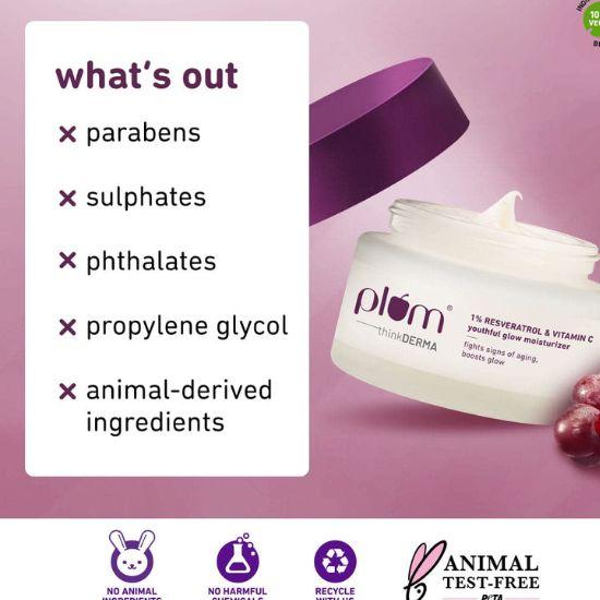 Plum 1% Resveratrol & Vitamin C Youthful Glow Moisturizer Cream| Boosts Glow | Lightweight & Quick-Absorbing | 100% Vegan | 50G