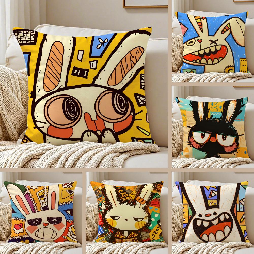 Hiphop graffitistyle rabbit painting Cushion Cover Pillowcase Antidustmite Invisible Zipper Short Plush Sofa Cushion