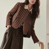 Осенняя женская короткая куртка с круглым вырезом и длинным рукавом в клетку с принтом, повседневная ветровка