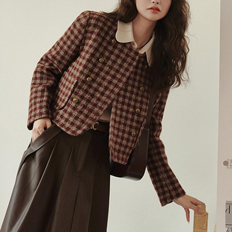 Осенняя женская короткая куртка с круглым вырезом и длинным рукавом в клетку с принтом, повседневная ветровка