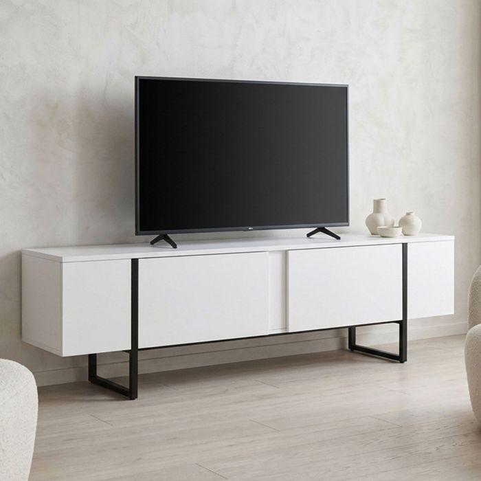 MENZZO Meuble TV moderne avec 2 portes Valmain L180cm Blanc et Métal Noir