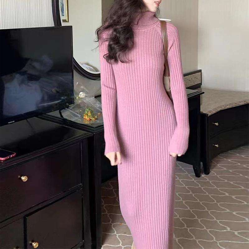 Внутреннее трикотажное платье с высоким воротом и темпераментом в качестве базовой юбки для женщин на осень и зиму, облегающая и утягивающая юбка-свитер