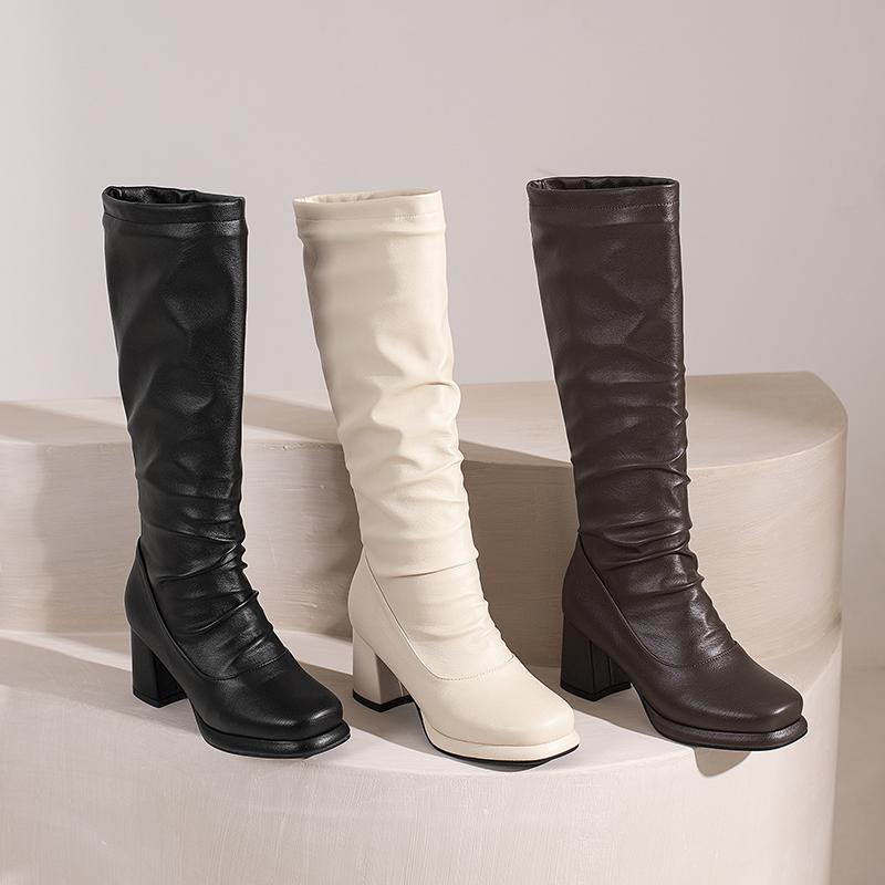 Осенние женские элегантные высокие сапоги на платформе, со складками, без застежек, мотоциклетные сапоги до колена, черные, массивные, размер 48