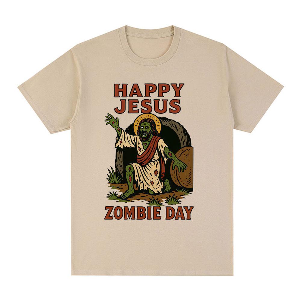 Happy Jesus Zombie Day Funny Meme Graphic 100cotton Unisexs Shirt Oneck Short Sleeve Harajuku Unisexs Fashion Oversized Tshirt