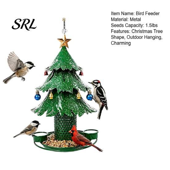 Metal Bird Feeder for Outside Christmas Tree Outdoor, Hanging Wild with 2 All Weather Rust Proof Water Cups, Green Xmas Seeds Tray Garden Patio Decor