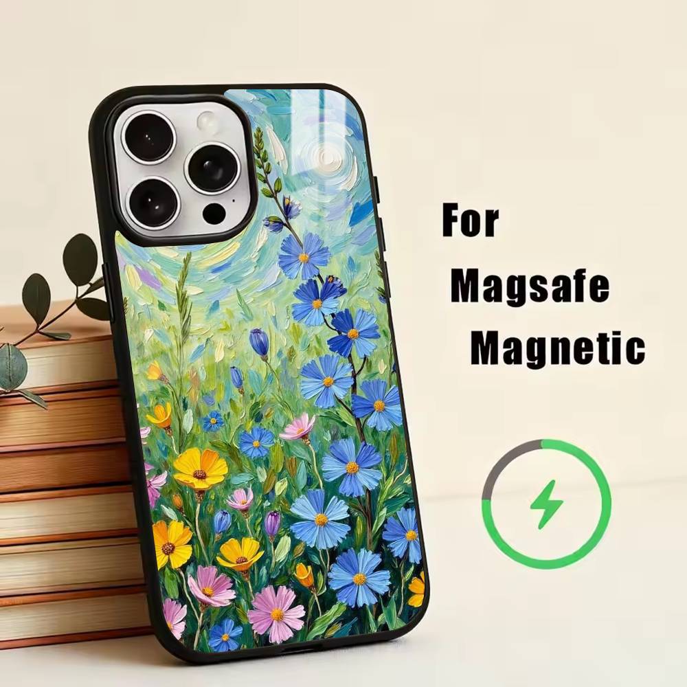 Чехол для телефона с картиной Ван Гога и Моне для iPhone 17, 16, 15, 14, 13, 12, 11 Plus, Pro, Магнитный, Для Magsafe Беспроводной Зарядки