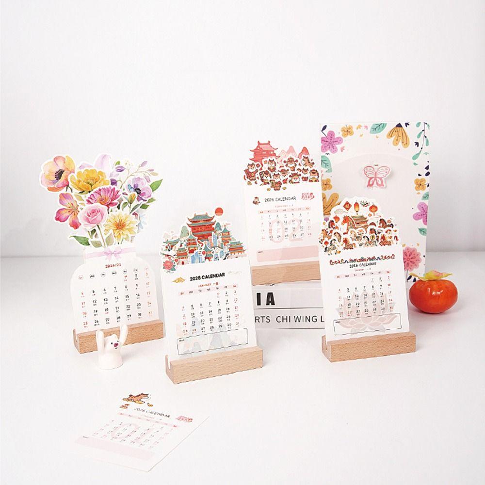 Detachable Base Bloomy Flowers Desk Calendar Wooden Base Monthly Planner for Table Desk Decor