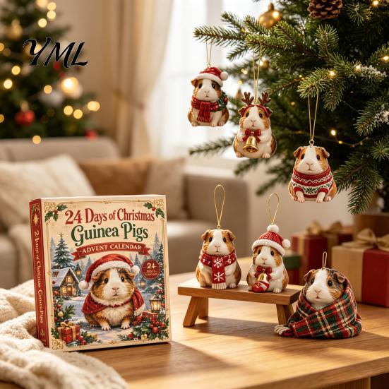 Cute Animal Pendant for Christmas Tree Guinea Pig Advent Calendar, 24-Day Acrylic 2D Ornament Set with Figurine Outfits, Hanging Decor, Gift