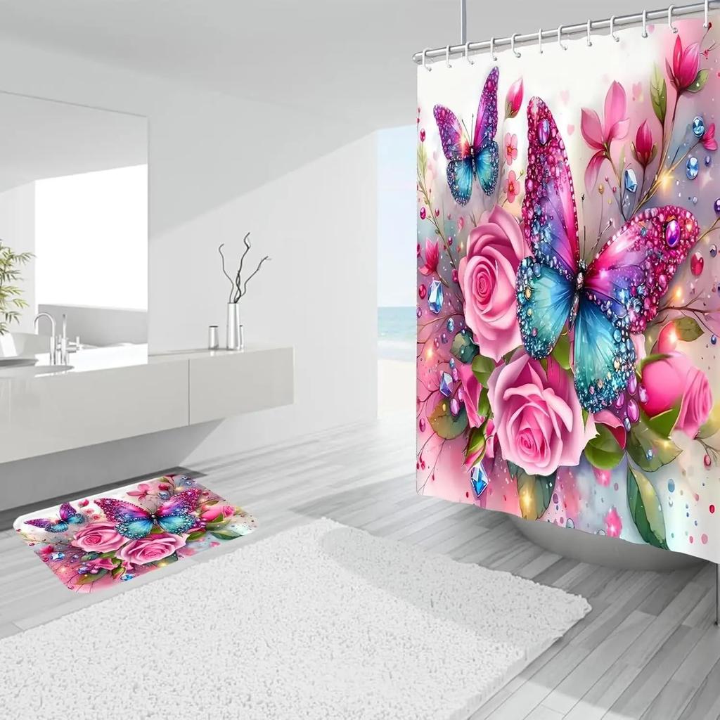 4Pc Pink Glitter Floral Shower Curtain Set Rose Bathroom Sets Butterfly Diamond Shower Curtain with 12 Hooks Bathroom Decor with