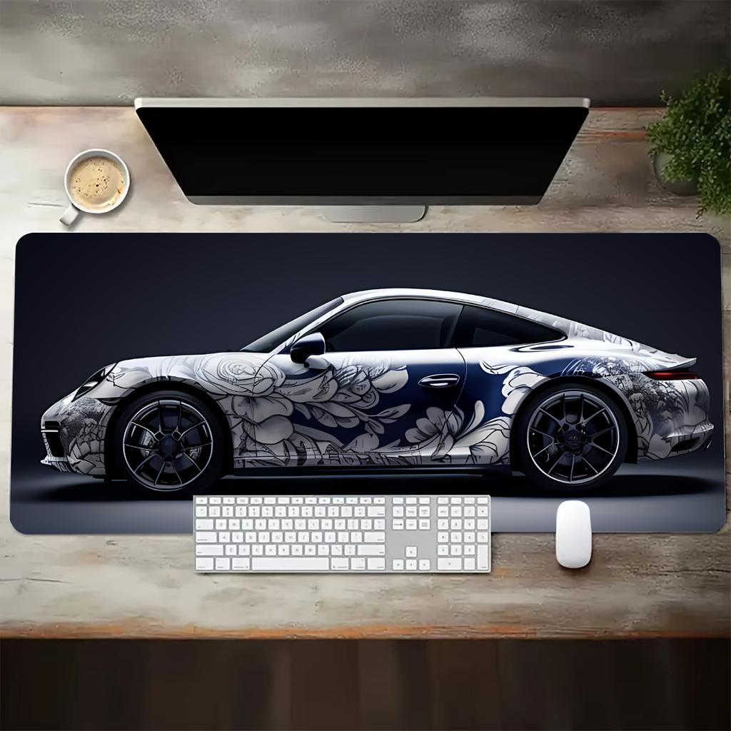 Large White Sports Car Design Gaming Mouse Pad -Slip Rubber Base Extended Desk Mat for Gamer Use Computer Accessories