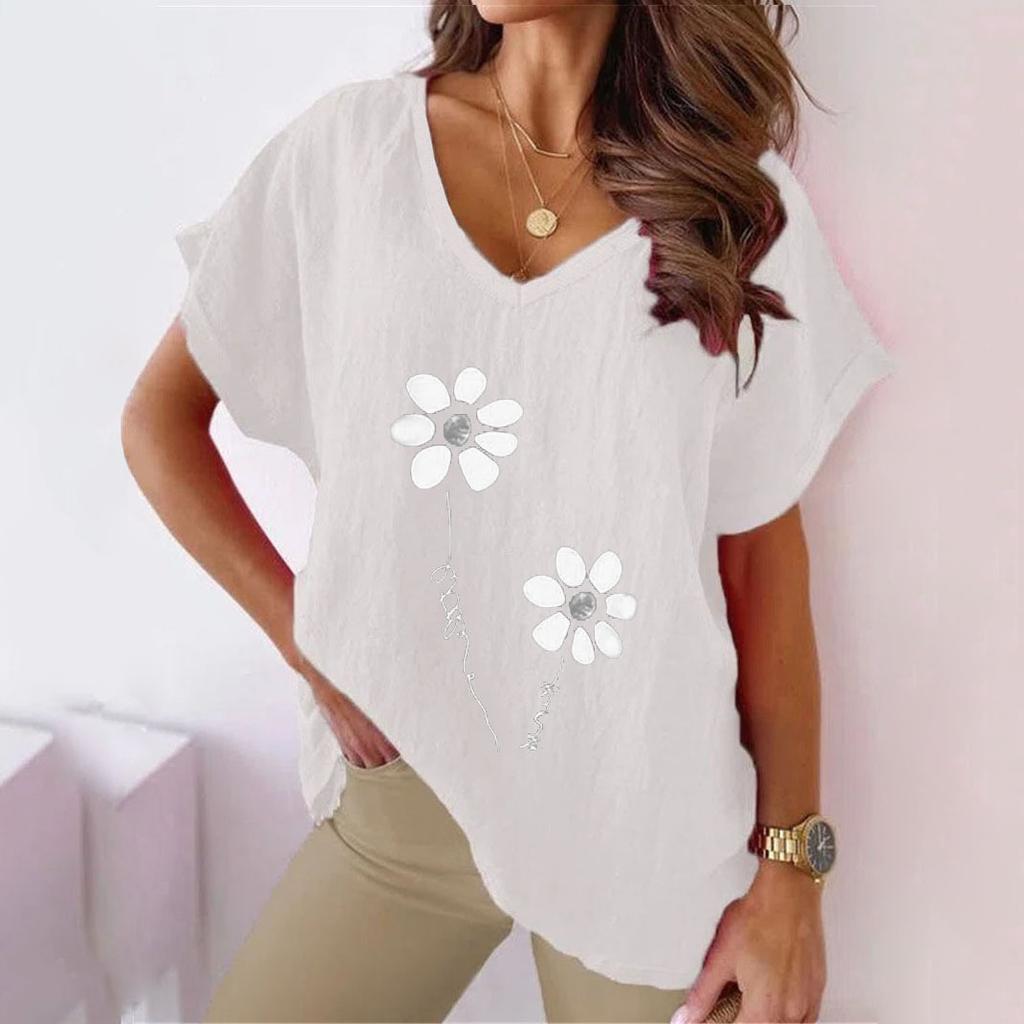 Summer Shirts Women Fashion Plant Flower Print V-neck Cotton Linen Casual Bat Short Sleeved T-shirt Women