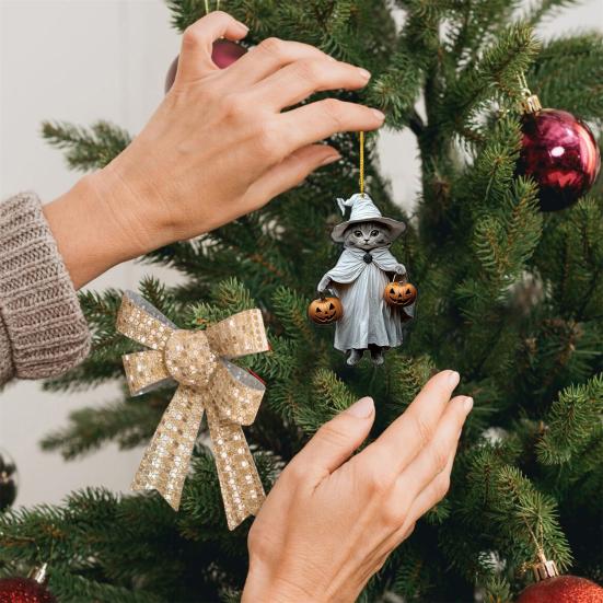 Car Mirror Hanging Decoration Cartoon Witch Cat/Kids 2D Flat Acrylic Pendant Halloween Car Rearview Mirror Ornament