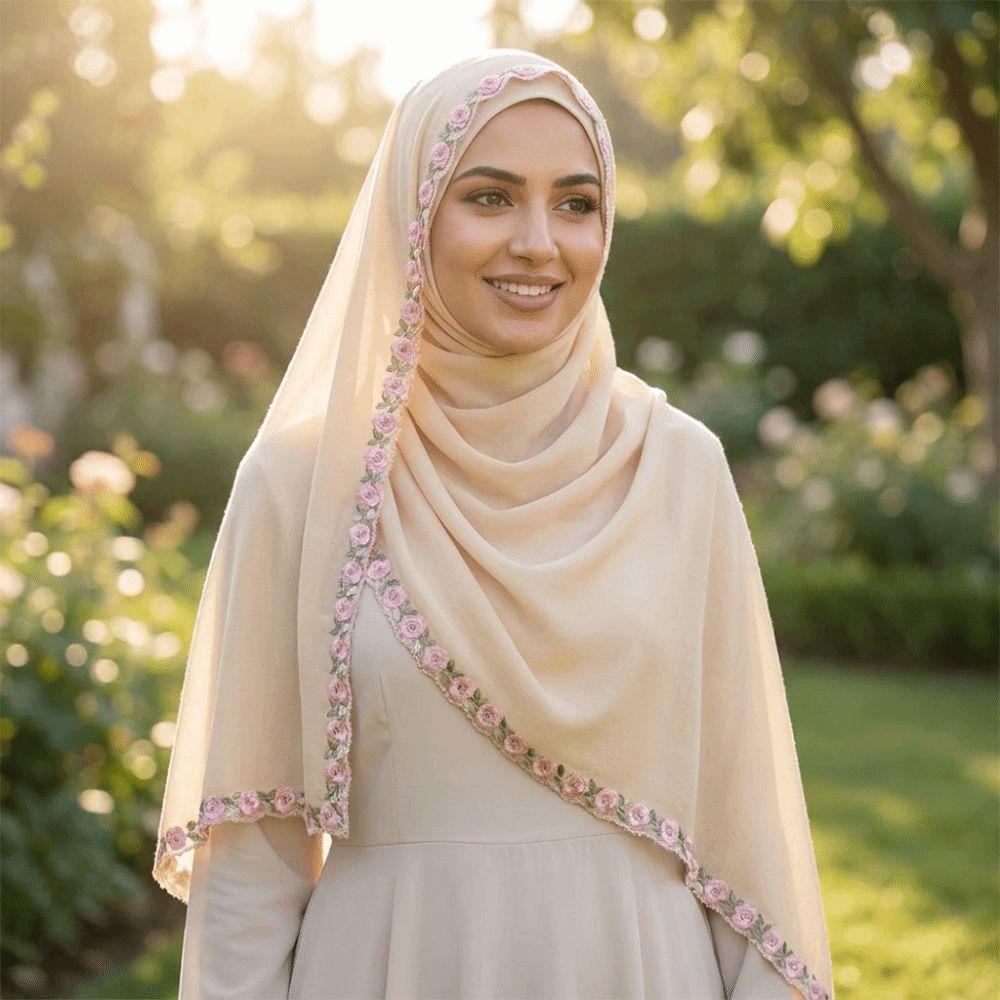 Long Rose Embroidered Shawl Elegant Turban Headscarf Soft Chiffon Hijab Daily Wear