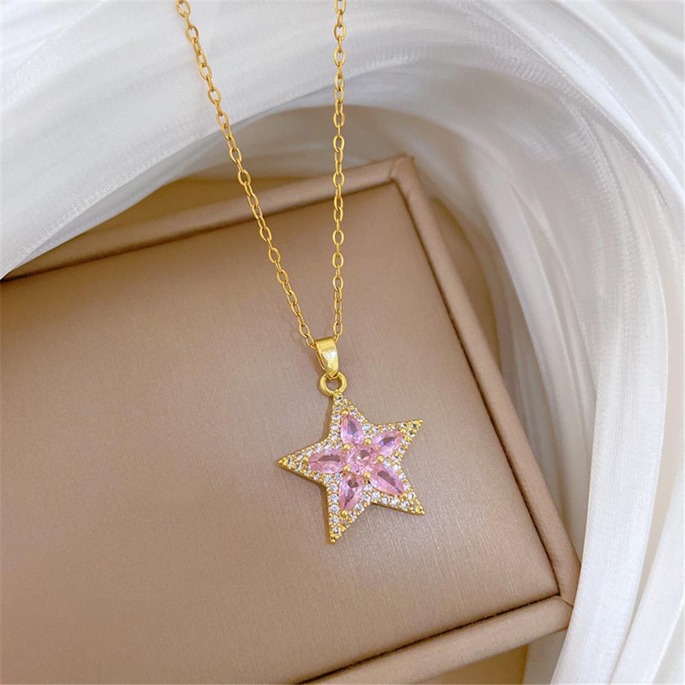 Elegant Charm Female White Pink Zircon Stone Star Pendant Necklace Gold Color Wedding Jewelry For Women