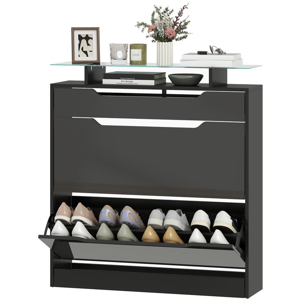 Shoe Storage Cabinet With Slide Out Drawer 2 Flip Doors Tempered Glass Top Black