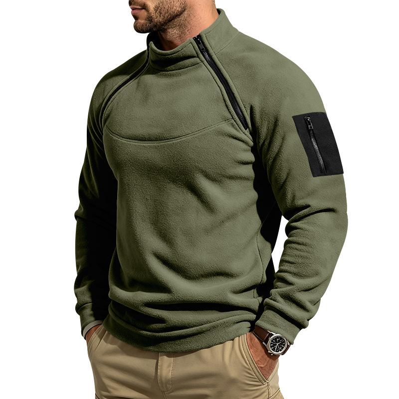 European and American Heavyweight Autumn and Winter Outdoor Men's Hiking Casual Loose Stand Collar Fleece Double Zipper Warm Hoodie
