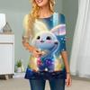 Plus Size Women Flower Colorful Rabbit Print Round Neck Casual Loose Long Sleeve Top