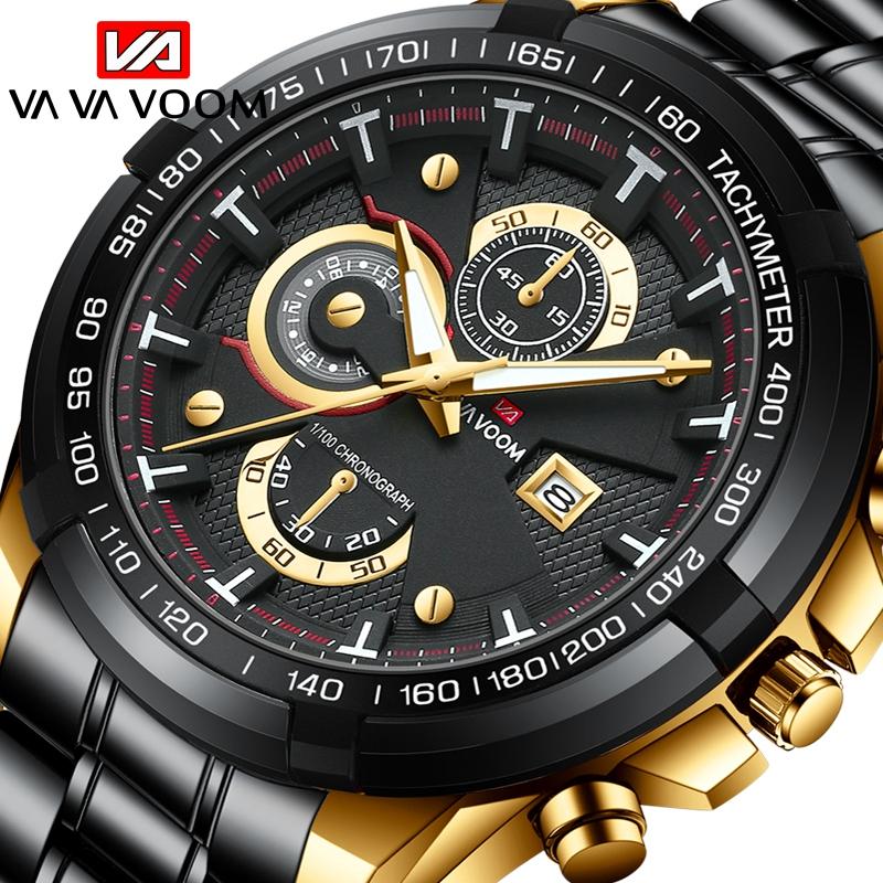 VA VA VOOM Fashion Brand Men Quartz Watch Chronograph Stainless Steel Business Quartz Clock Military Sport Waterproof Watch Man Relogio Masculino