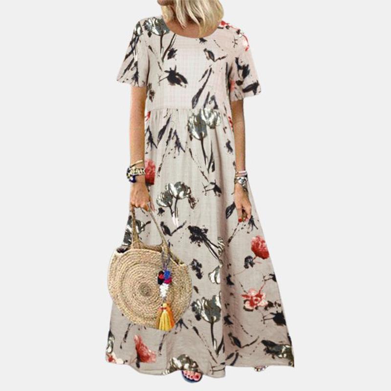 Women's Vintage Print Casual Summer Short Sleeve O-neck Thin Cotton Dresses