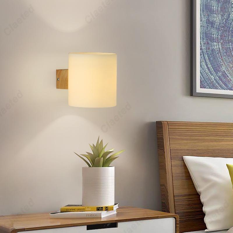 LED Glass Lampshade E27 Wooden Wall Lamp Bedroom Bedside Wall Lamp Home Living Room Bedroom Hallway Balcony Lighting Fixture