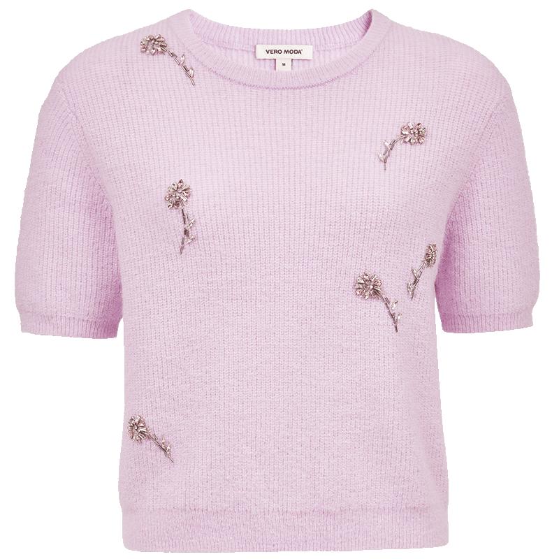 VEROMODA Women's Round Neck Knit Sweater with Rhinestone Embellishments